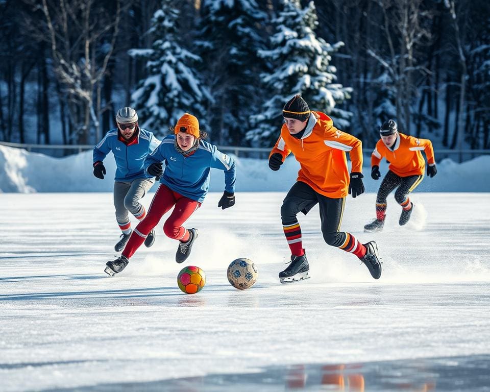 Eisfußball auf rutschigem Boden